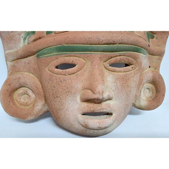 Vintage Terracotta Clay Mask Aztec Mayan Style Wall Art 12” Handcrafted Mexico - Picture 2 of 11